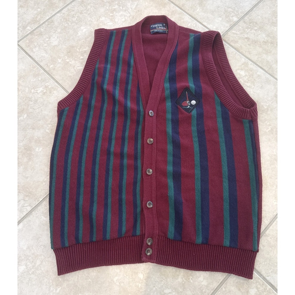 VTG 90s Cypress Links Red Green Blue Striped Golf Sweater‎ Vest L Preppy Retro